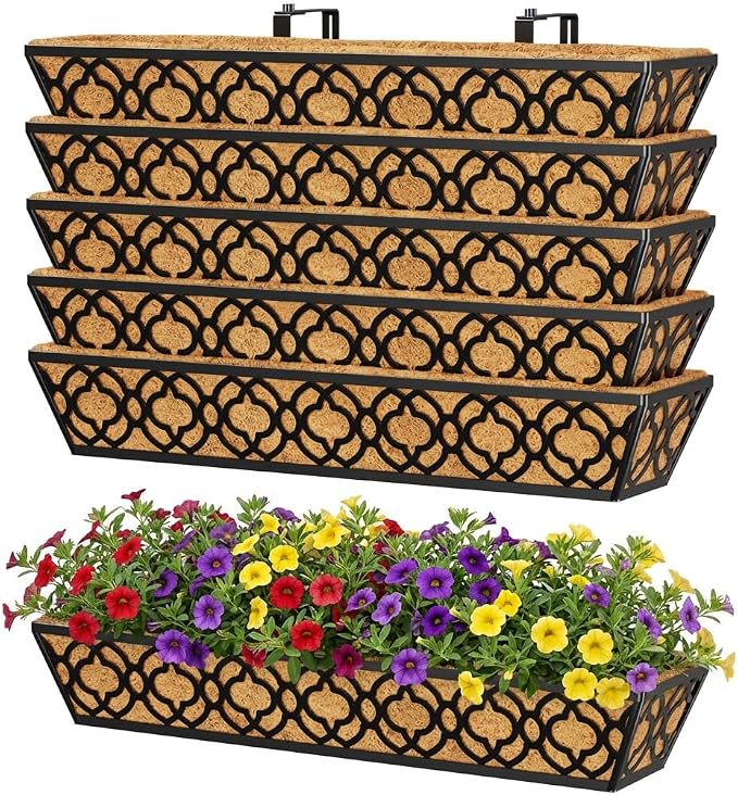 Y&M 6-Pack 30 Inch Railing Planter Boxes, Hanging Balcony Planter, Adjustable Deck Railing Planter Box, Metal Window Boxes Outdoor for Fence, Porch