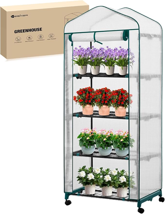Yesker Mini Greenhouse 27"x20"x63" Portable Indoor / Outdoor Small Green House with 4 Tier 4 Shelves Wheels Thicken PE Cover Compact Greenhouses Kit for Winter Gardening Balcony Patio Backyard, White