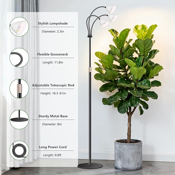 Wolezek Grow Lights for Indoor Plants with Stand, 3-Head 78 LEDs Full Spectrum Floor Plant Grow Lamp for Large Plants, Auto On/Off Timer 6/12/16H, 5 Dimmable Levels, Adjustable Height 16.5"-61"