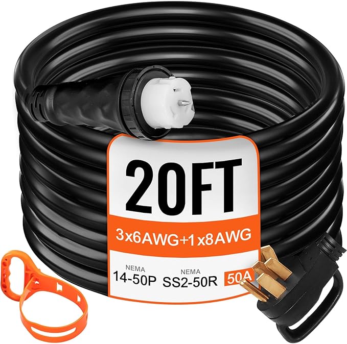 VEVOR 20 ft 50 Amp Generator Extension Cord 50amp, NEMA 14-50P to SS2-50R CS6364, STW 6/3+8/1 AWG 12500W UL Listed Twist Lock Heavy Duty Waterproof Outdoor for Home Backup RV