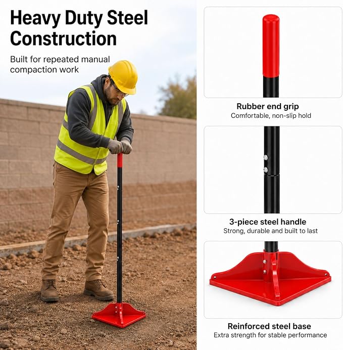 8" x 8" Steel Tamper Tool with 48" Handle, Heavy Duty Hand Compactor for Soil, Gravel, Dirt, Asphalt, Pavers, Driveway Repair, Lawn & Landscaping