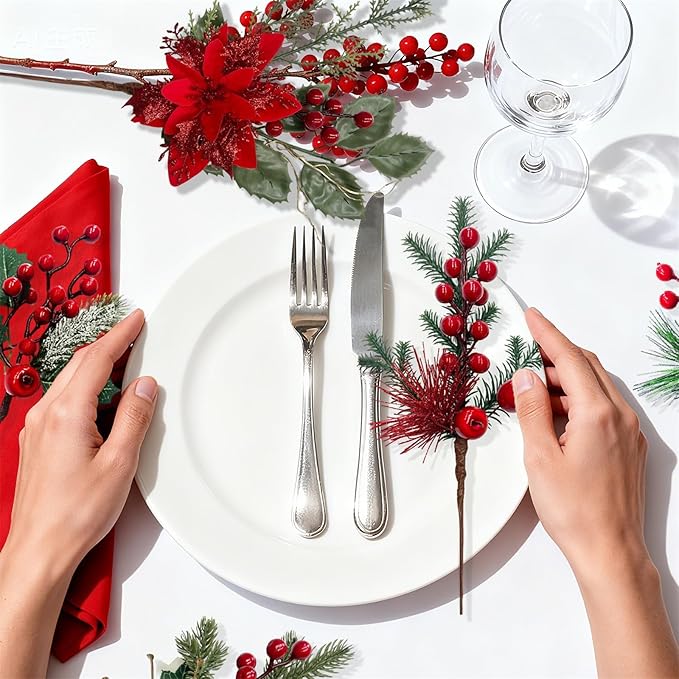Christmas Floral Flowers Picks Artificial Red Berry Stems with Pinecones Pick and Sprays for Christmas Tree Wreath Winter Car Room Holiday Decorations 9 Pack