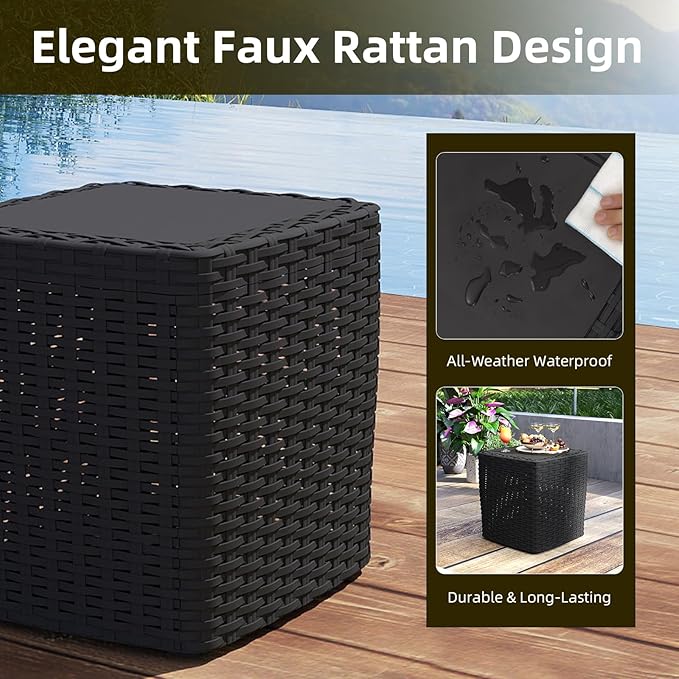 14 Gallon Outdoor Storage Box, Faux Rattan Deck Box with Removable Lid & Lockable Feature, All-Weather Waterproof Storage Bench for Poolside, Garden Tools Delivery Packages, Black
