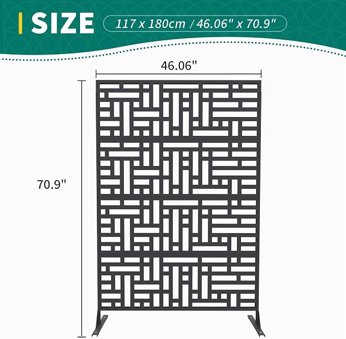 72" x 47" Heavy-Duty Metal Outdoor Privacy Screen – Rustproof Freestanding Patio Divider, Stylish Decorative Fence Panel for Garden, Deck, Balcony, or Porch, Galvanized Steel, Multi-Functional Design