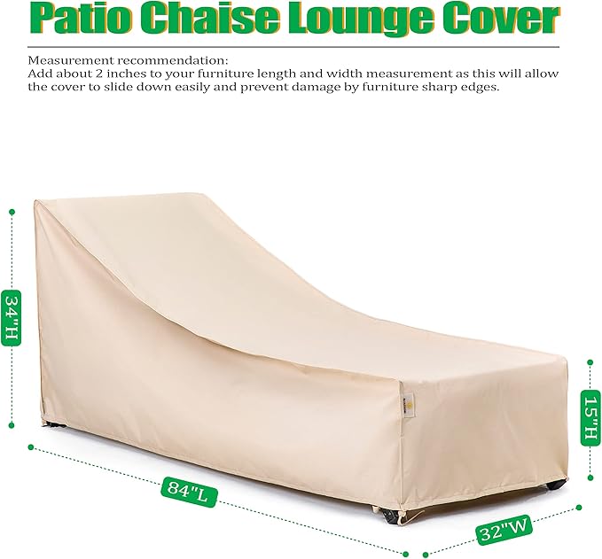 F&J Outdoors Waterproof UV Resistant Heavy Duty Patio Chaise Lounge Chair Cover, 2Pack, 84"Lx32"Wx34"H, Beige