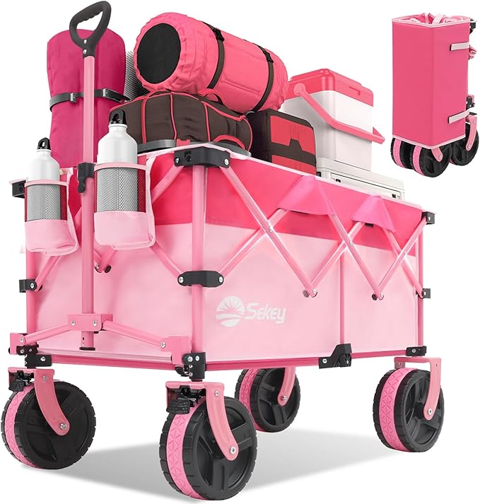 Sekey 220L Wagons Carts Foldable with Big All-Terrian Beach Wheels, Collapsible Heavy DutyWagon with Cup Holders, Extra Large Folding Wagon,Foldable Wagon for Camping, Garden, Sports.Pink