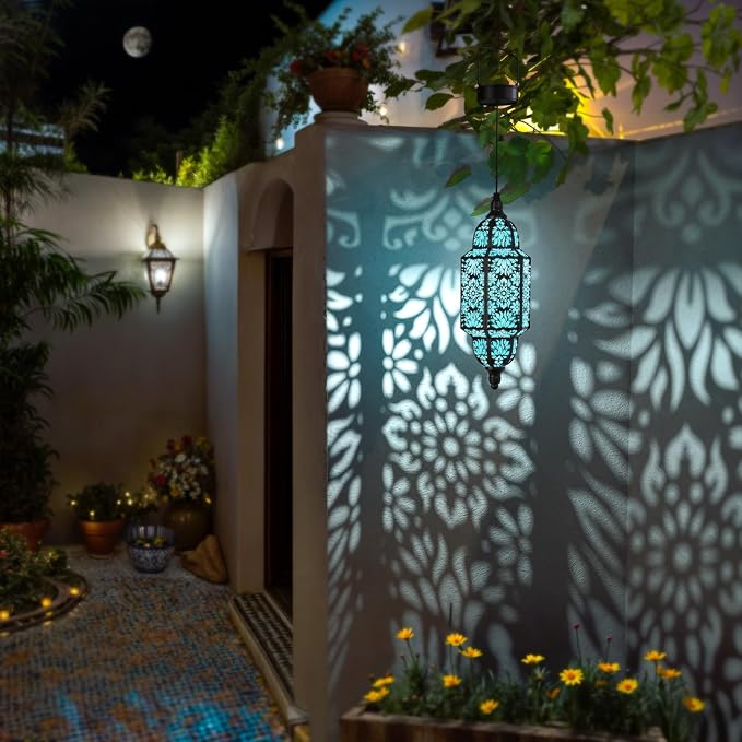 Twinkya Hanging Solar Lights Outdoor Garden Decorative Solar Lantern Waterproof Metal Moroccan Outdoor Decorations for Patio Pathway Yard Porch Backyard Garden Decor (Black, 1 Pack)