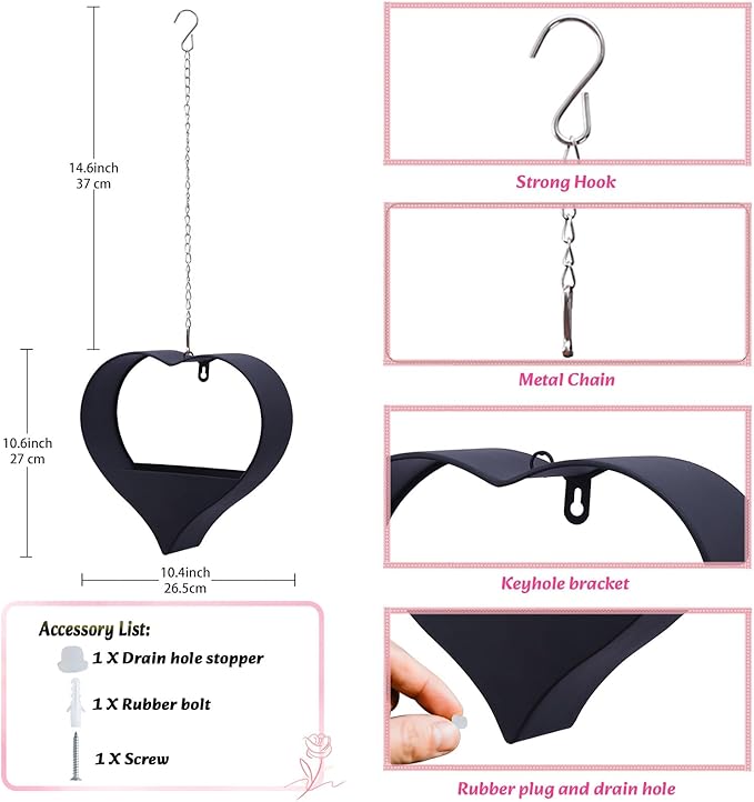 Metal Plant Hangers Indoor and Outdoor: Birthday Gifts for Mom Women Her Wife Garden Lovers - Heart Shape Hanging Planters for Window Wall Living Room Office Decor(Black)