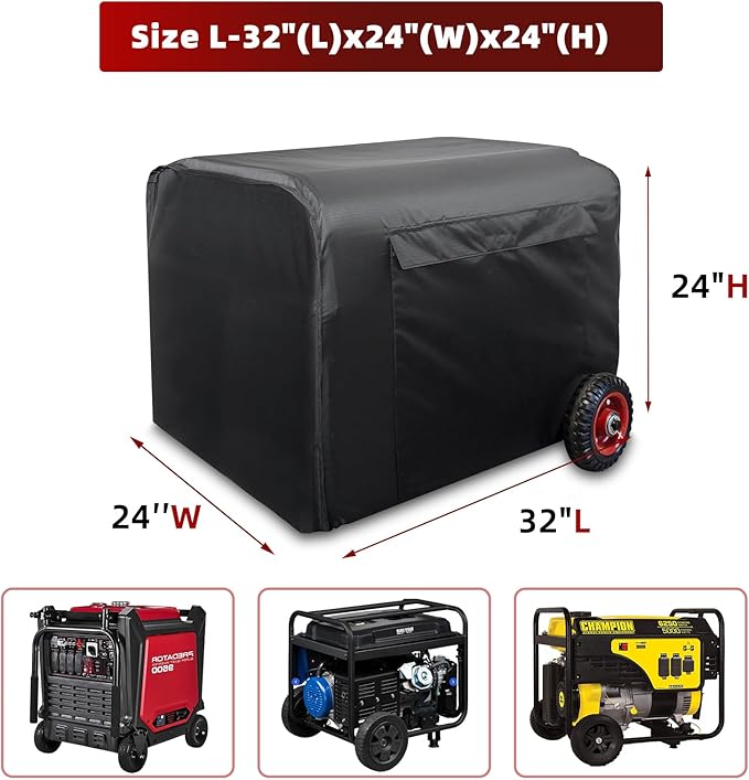 Joramoy Generator Cover Waterproof 32"Lx24"Wx24"H, Portable Generator Cover with Elastic Drawstring, Weather/UV Resistant 420D Oxford Cover for Universal Outdoor Generators 5000-10000 Watt, Black