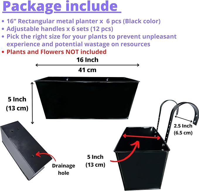 LaLaGreen Rail Planter (16 Inch, 6 Pack) Rectangular Metal Metal Hanging Flower Pots Railing Fence Balcony Gardening for Apartment Patio Planters Garden Style Iron Outdoor Deck Decoration Porch Decor