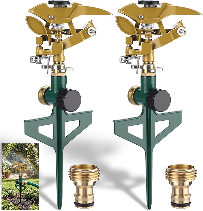 LemonRoad 2 Pack Heavy Duty Brass Impact Sprinkler on Metal Spike Base 360 Degree Automatic Pulsating Lawn Sprinkler for Large Area Yard Garden Irrigation System for Large Area Grass Garden Irrigation