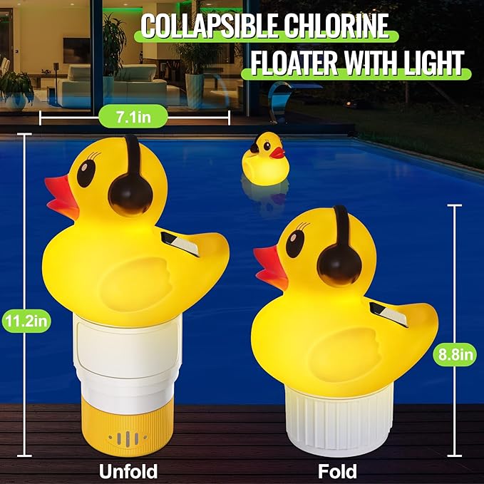 Pool Chlorine Floater with Light,Duck Chlorines Floaters with Adjustable Flow,Solar Chlorine Floater,Floating chlorines Dispenser for Pool,Hot Tub chlorines Floaters, Yellow