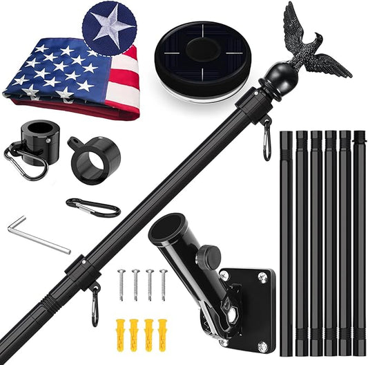 LETSTRY 7FT Black Flag Pole Kit for Outside House with American Flag & Solar Light,1" Thickened Stainless Steel Wall Mount Flagpole with 180°Adjustable Bracket for Residential Outdoor Porch