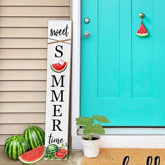 Summer Watermelon Porch Sign Sweet Summer Time Welcome Sign For Front Porch, Cute Fruit Home Decor Welcome Sign for Indoor Outdoor Garden Wooden Vertical Sign For Patio Front Door Wall Yard