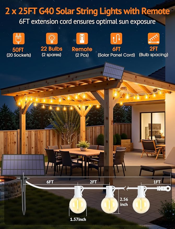 Larkvue 50FT(2x25FT) Solar String Lights Outdoor with Remote, Waterproof Dimmable 3 Modes Patio Lights with 20+2 LED G40 Bulbs for Party Bistro-White