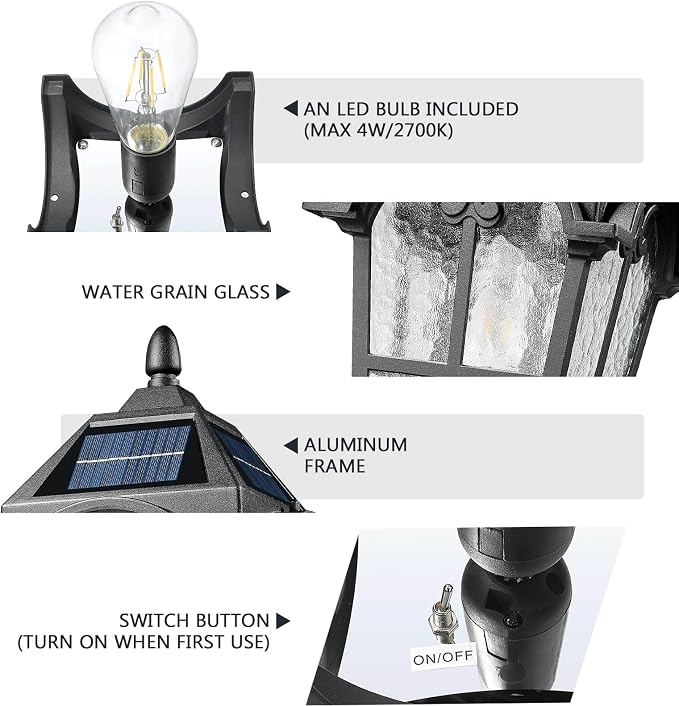 Emliviar Outdoor Solar Lamp Post Light in Black Finish, 22.1" Large Outdoor Lighting with Water Grain Glass Shade for Patio, Vintage Post Lantern LED Bulb Included with Remote Control, YXE302MP-SL BK