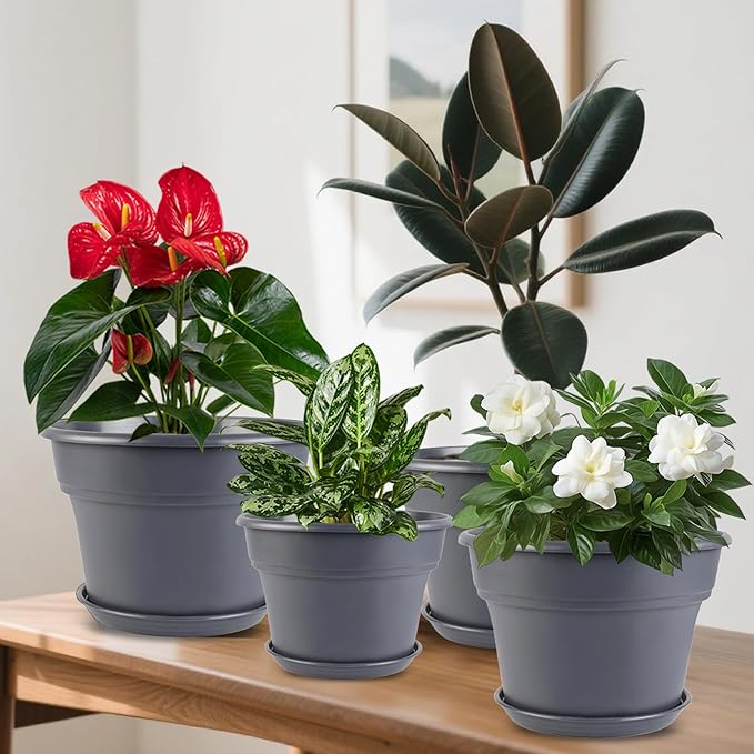 Myfeegoin 8-inch-Plant-Pots-Indoor-Outdoor, 4 Pack Plastic Planters with Drainage Holes & Saucers, Resin Flower Pots with Trays, Classic Garden Pot Container for House