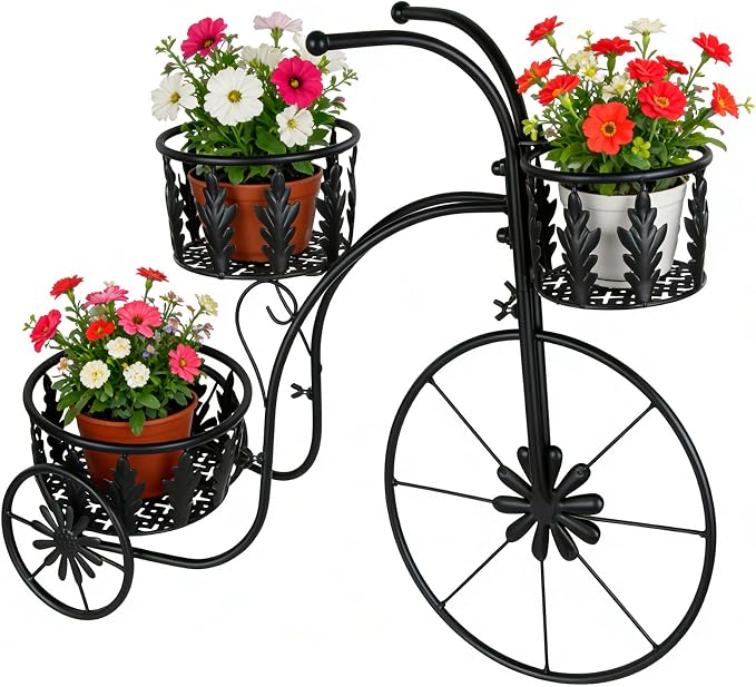 Metal Bicycle Planter Stand, 3 Tier Flower Pot Stand Cart with 3 Plant Buckets, Outdoor Garden Decorative Planter for Yard Patio Lawn Flower Shop Home Decor (Black)
