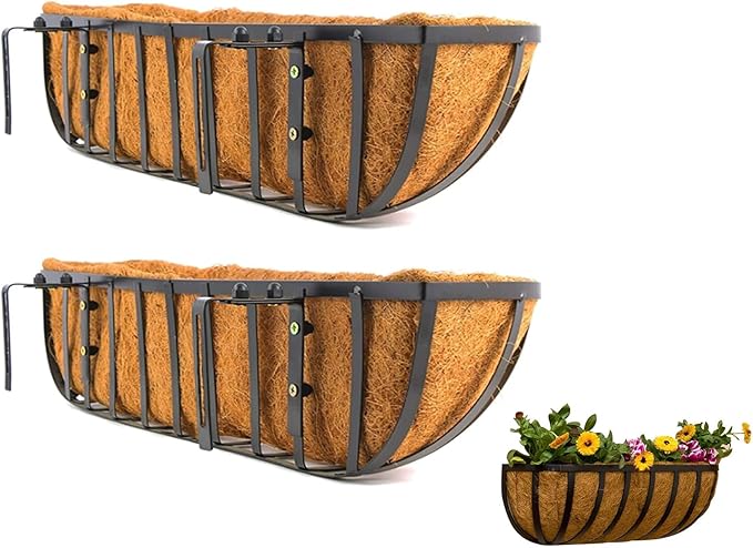 30 Inch Window Box Planters 2 Pack with Coco Liners, Rustproof Metal Hanging Flower Boxes for Outdoor Railing, Fence and Window Sill （2 Pack）