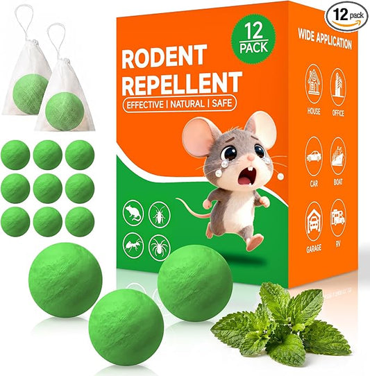 Rodent Mouse Repellent 12 Pack, Peppermint Oil Rodent Repellent Balls, Safe for Family & Pets, Indoor & Outdoor Moth Balls for Mice Rat Roach Spider Ant Squirrel, for Home Garage Basement Kitchen