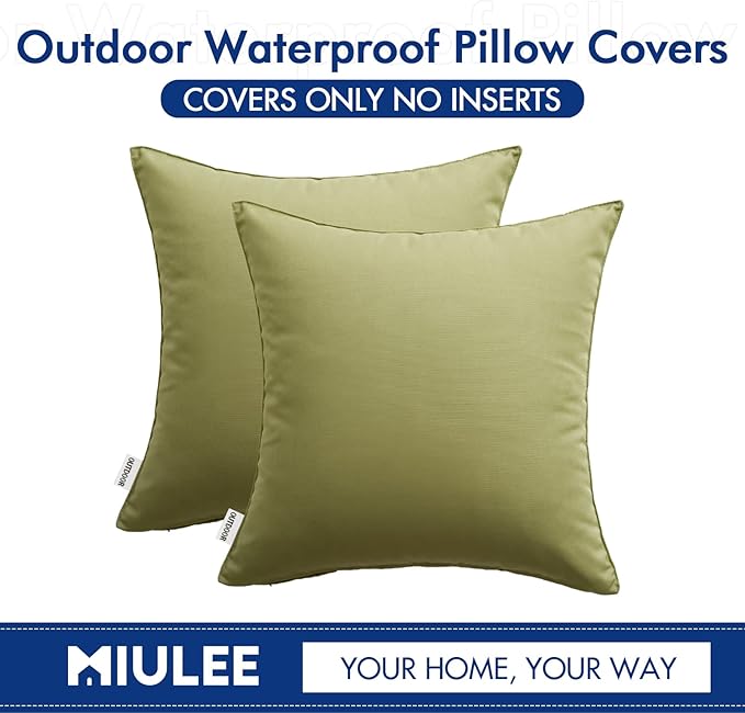 MIULEE Pack of 2 Sage Green Decorative Outdoor Waterproof Pillow Covers Square Garden Cushion Sham Throw Pillowcase Shell for Spring Patio Tent Couch 16x16 Inch
