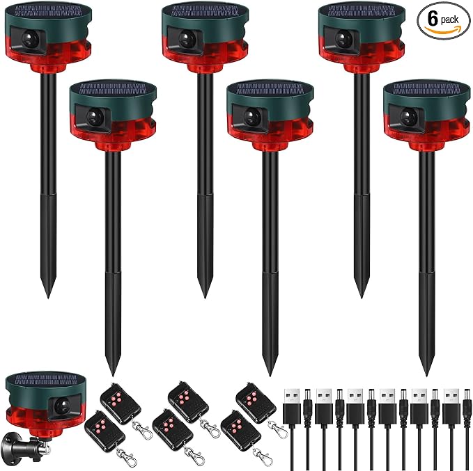 Qualirey 6 Pack Solar Outdoor Motion Sensor Alarm-Dog Barking&Gunshot Sound Support Recording Animal Deterrent for Home Security, 13 Kinds of Sounds (Red)