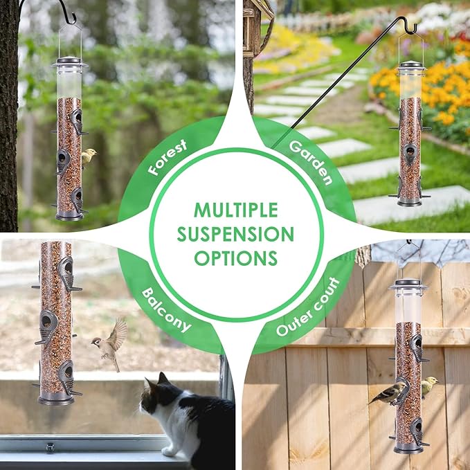 MIXXIDEA 1PK Metal Bird Feeders with 6 Feeding Ports,Tube Bird Feeder with Steel Hanger,Hard Plastic Wild Bird Feeder for Outdoors Hanging, Attracting Birds in Your Lawn, Garden, Balcony-Grey