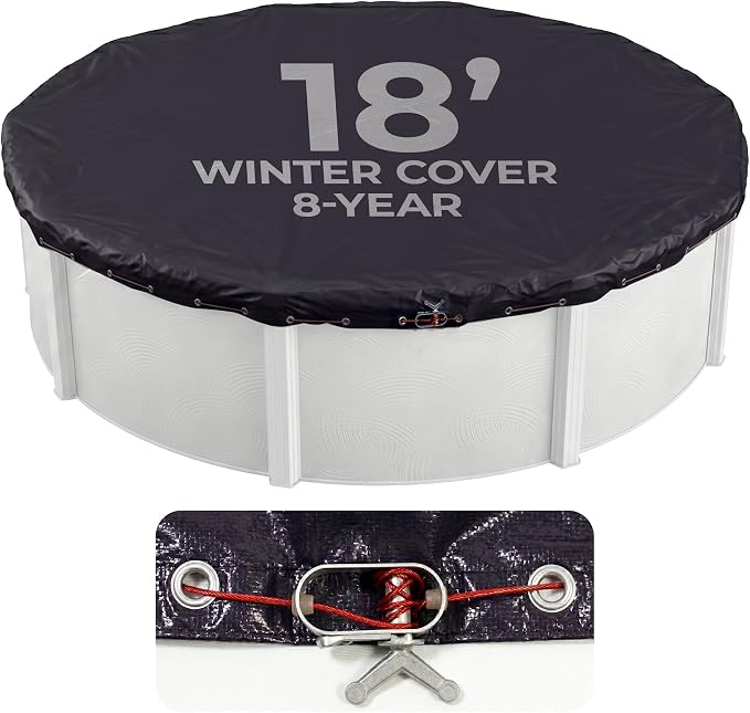 Blue Wave Arctic Armor 18-ft Round Above Ground Pool Winter Cover, Navy | Solid polyethylene, heat-sealed seams, underside, cable, winch, grommets, 4-ft overlap, 8-yr support, blocks debris & snow