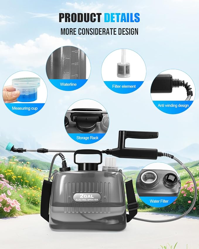 Battery Powered Sprayer 2 Gallon, Electric Weed Sprayer with 3 Adjustable Pressure Levels, 4 Nozzles & Extendable Wand, Rechargeable Garden Sprayer for Yard, Lawn, Plants & Fertilizer