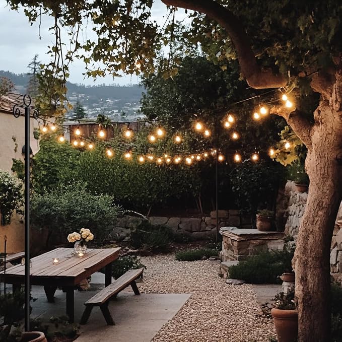 Brightech 2-Pack 10FT String Light Poles for Outdoor Use, Heavy Duty Metal Poles with Fork Base for Hanging Patio Lights, Adjustable for Garden, Backyard, Porch, or Fence Lighting Decor