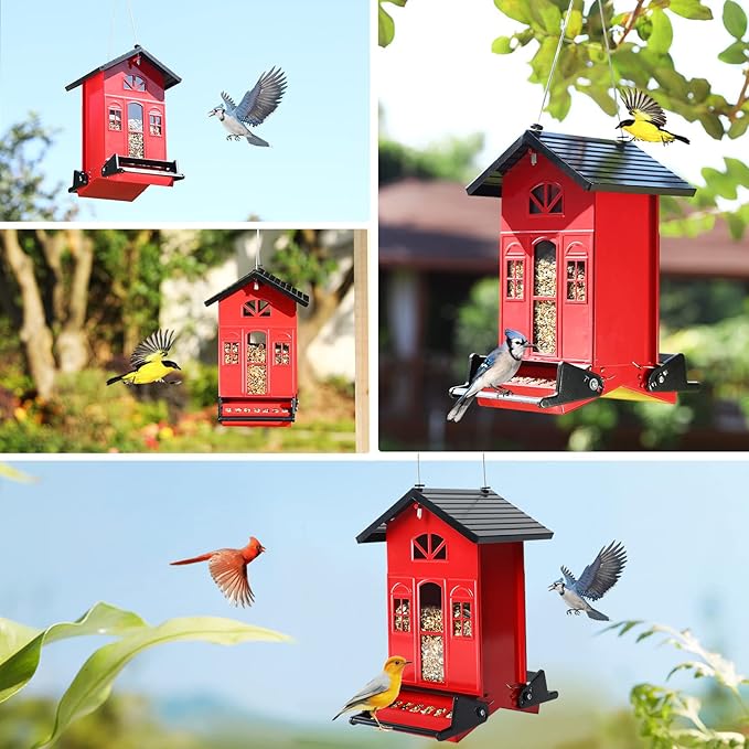 Birdkiss Bird Feeder Squirrel-Proof Outside: Country House Series for Hanging - Metal - 5LBs Seed - Weight-Activated for Outdoors - Large Capacity and Red