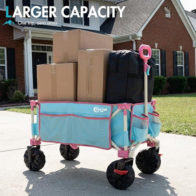 Portal Large Collapsible Wagons Carts, 450 LBs Heavy Duty Beach Wagon with Big Wheels, Foldable Wagon for Beach, Camping, Sports, Grocery