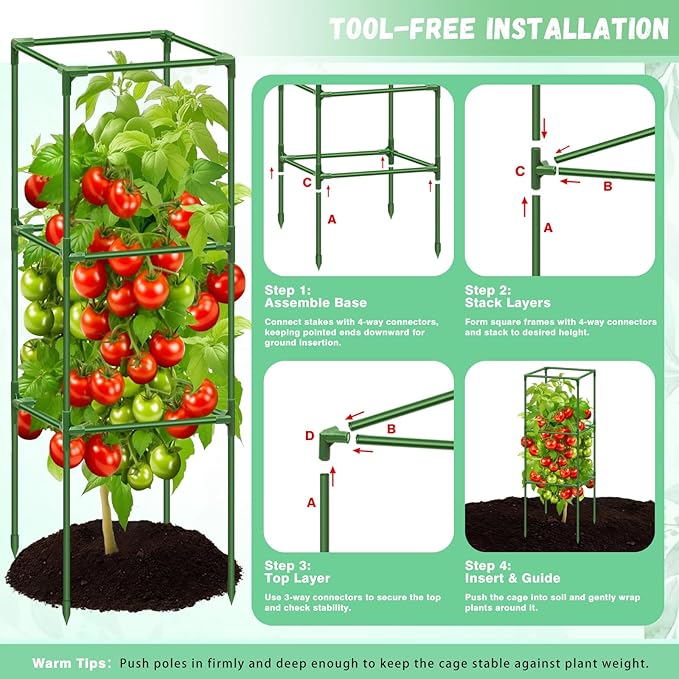 Riare 6 Pack Square Tomato Cages for Garden- 45 Inch Heavy Duty Tomato Stakes Plant Support, Metal Tomato Trellis for Climbing Plants Outdoor, Raised Garden Bed, Vegetables Flowers