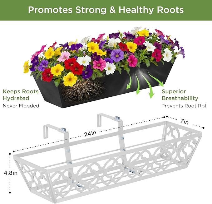 HFHOME 2 Pack 24 Inch Railing Planter Boxes with Adjustable Brackets & Non-Woven Fabric Liner Adjustable Gray Metal Window Box Planter for Balcony Deck Fence, Hanging Flower Basket for Outdoor Garden