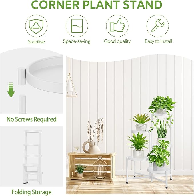 iDavosic.ly 5 Tier Plant Stand for Indoor Outdoor 2 Pack, Folding Large Corner Flower Pot Holder Shelf and Metal Plastic Tall Orchid Display Rack for Patio Porch Living Room Garden Balcony, White