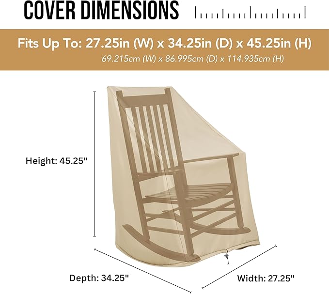 Shine Company Weatherproof Outdoor Rocking Chair Cover, 100% Woven Polyester, Elastic Cord with Toggle, Khaki