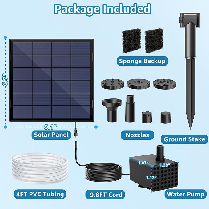 Solar Fountain Pump for Bird Bath, 2.5W Solar Water Pump with Dry-Run Protection, 5 Spray Modes & 4ft Hose, Adjustable Ground Stake for Garden Small Pond Fish Tank DIY Water Feature