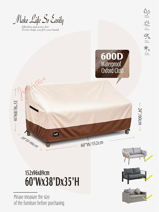 JinHrtoyi 2-Seater Patio Loveseat Cover, 60Wx38Dx35H inches Outdoor Furniture Covers Waterproof,100% Waterproof Heavy Duty Patio Furniture Covers,Beige&Brown Modern Style Outdoor Couch Cover