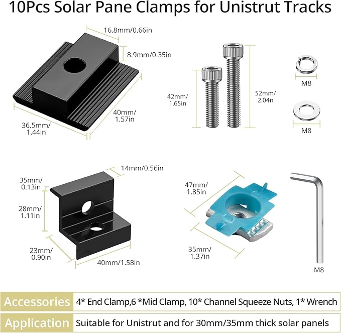 Anbte 10 PCS Solar Panel Mounting Brackets for Unistrut, Aluminium 30mm/35mm 6 x T-Shaped Mid Clamps + 4 x End Clamps, Solar Panel Mounting Kit for Metal, Tin, Flat, Sheet Roofs, RV, Black