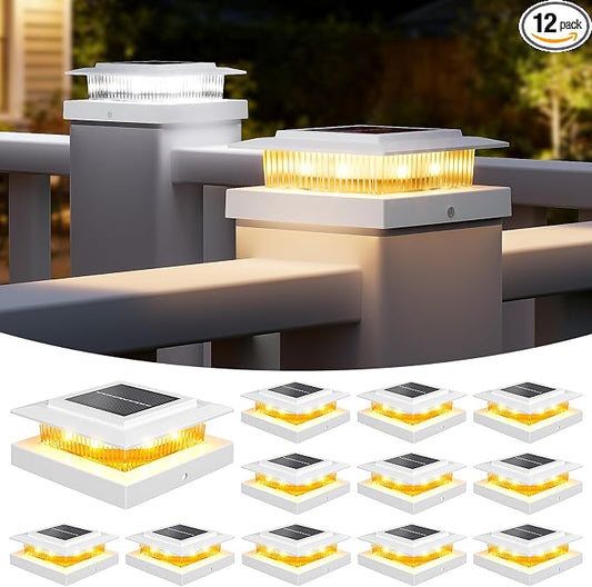 NIORSUN Solar Post Cap Lights Outdoor Waterproof, 4x4 Post Solar Lights 2 Color Modes, Fence Posts Solars Light for Deck Patio Garden Deco, 4x4 Posts Caps Wood Vinyl, 5x5 Vinyl, 12 Pack (White)