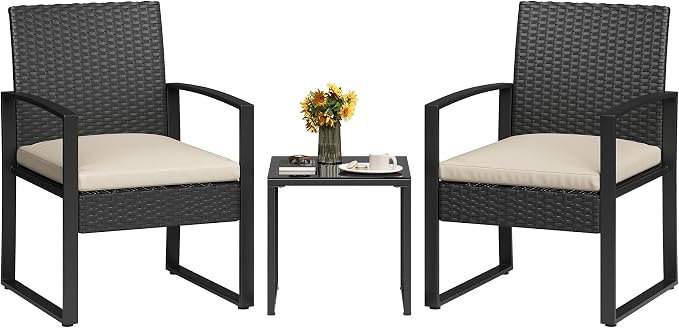 Garvee 3 Pieces Patio Bistro Set, PE Rattan Patio Conversation Set with Tempered Glass Coffee Table, Outdoor Wicker Furniture for Patio Garden Balcony Backyard, Black and Beige