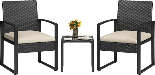 Garvee 3 Pieces Patio Bistro Set, PE Rattan Patio Conversation Set with Tempered Glass Coffee Table, Outdoor Wicker Furniture for Patio Garden Balcony Backyard, Black and Beige