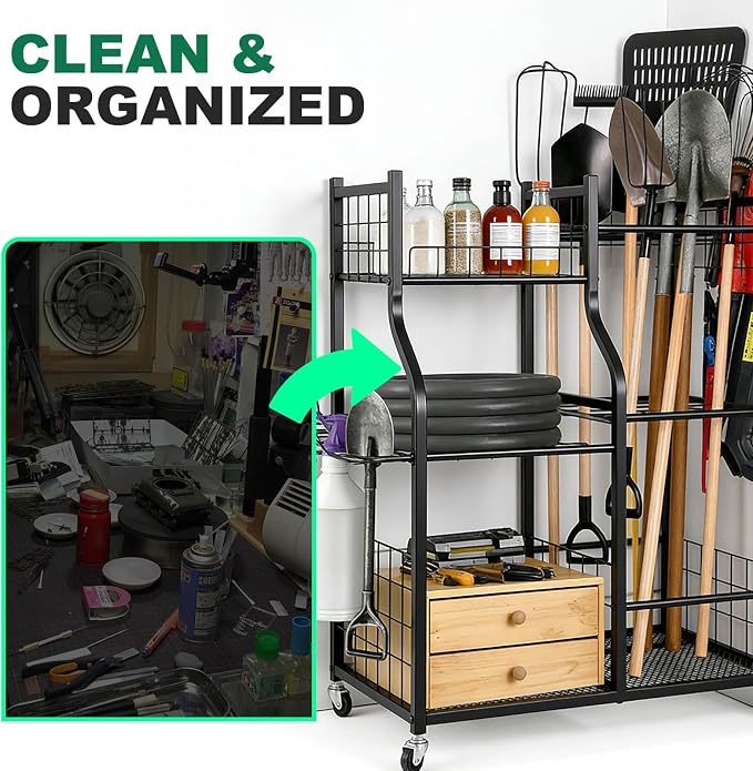 FAHKNS Garden Tool Organizer Rolling Cart, Heavy Duty Garden Tool Storage Rack