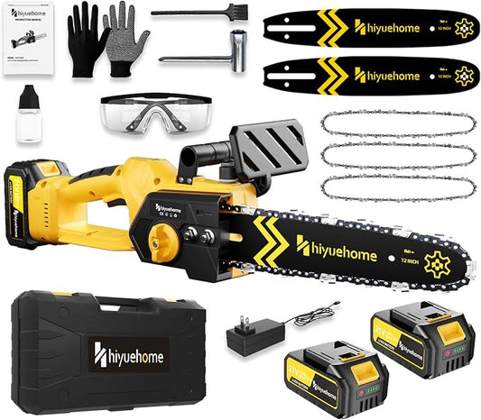 Power Chainsaw 12inch,Chainsaw Cordless w Automatic Oiler, Handheld Electric Power Chain Saw w Security Lock, Brushless Motor,for Wood/Trees Trimming (Yellow-2, 12 INCH)