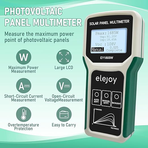 EY-1800W Solar Panel Tester MPPT Photovoltaic Panel Multimeter, Upgraded Measuring Range (5~1800W, 20~120V, 0~60A), Smart MPPT Tools for Testing Solar PV Panel Data and Troubleshooting