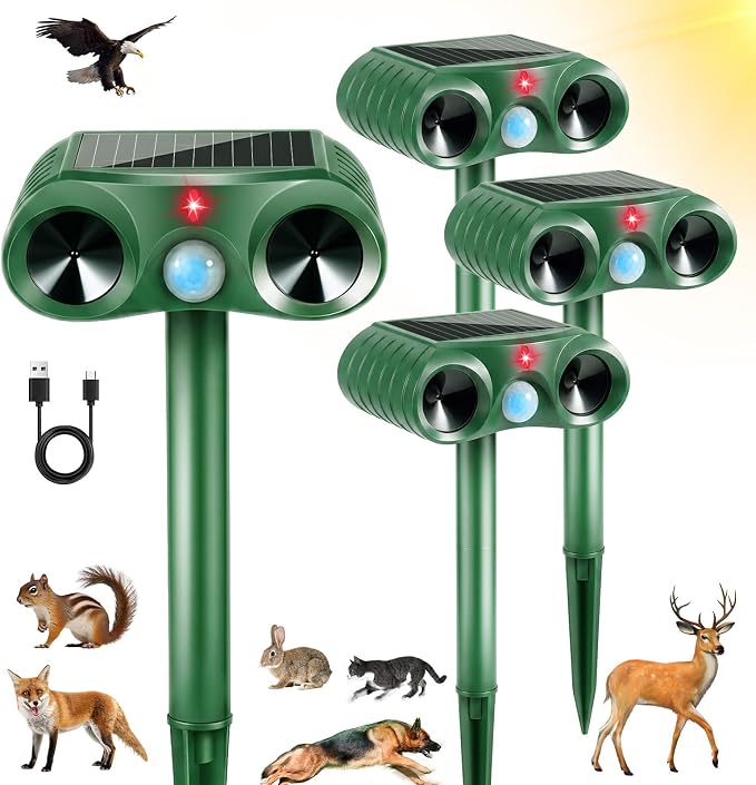 2026 Upgraded Solar Ultrasonic Animal Repellent Sonic Deer Repellent Devices Cat Deterrent Outdoor with Motion Sensor to Keep Raccoon Squirrel Rabbit Dog Away from Yard Lawn Garden 4 Pack