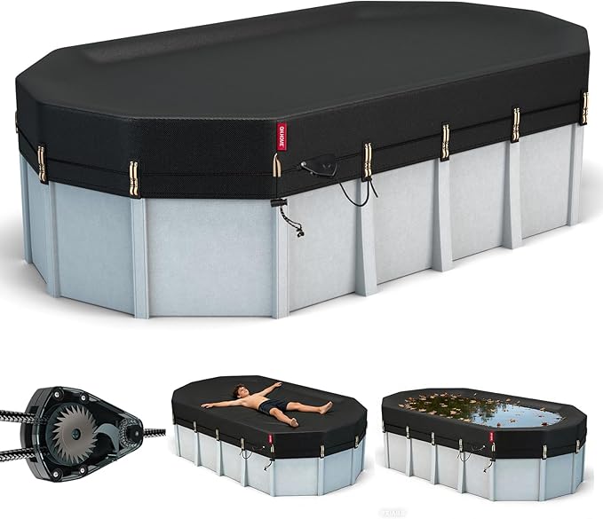 QH.HOME 12x20 Ft Oval Pool Cover for Steel Wall Pool,[Ultimate Windproof & Tear-Resistant Fabric],Snug Fit with Patented Ratchet & Weight Rings, Blocks Leaves &Waterproof