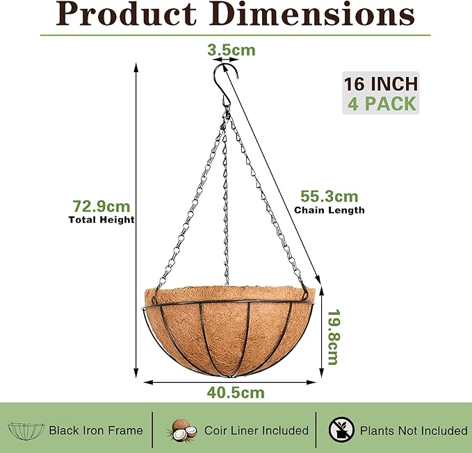 EIMQUVW Outdoor Metal Hanging Planters Basket (4pack, 16 inch) Hanging Baskets for Plants Chain Round Wire Plant Holder with Coco Fiber Liners for Garden, Patio, Deck, Porch