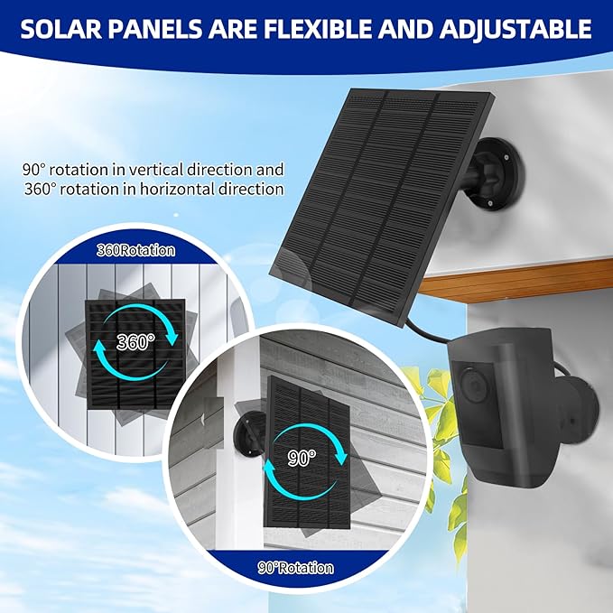 Solar Panels for Ring Camera Outdoor (New Generation) 5W 5V Solar Panel Charger with USB-C&Plug for Spotlight Cam Plus&Stick Up Cam Pro.Waterproof IP65 360°Adjustable 2M Cable (Black, 1)