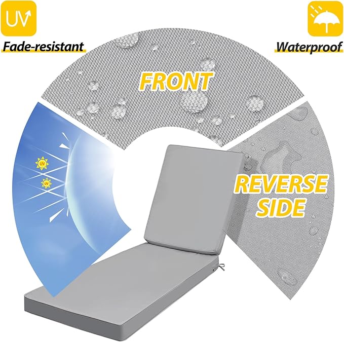 AAAAAcessories Outdoor Chaise Lounge Cushions, Fade-Resistant, Waterproof Patio Furniture Replacement Cushions, 72" x 21" x 3", Set of 2, Gray